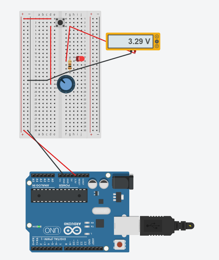 Tinkercad circuit with a potentiometer and button