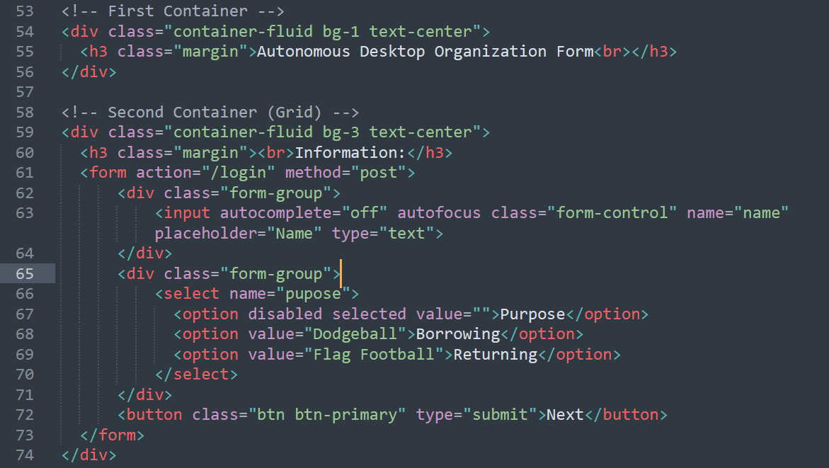 HTML code for part one of Organizer Form